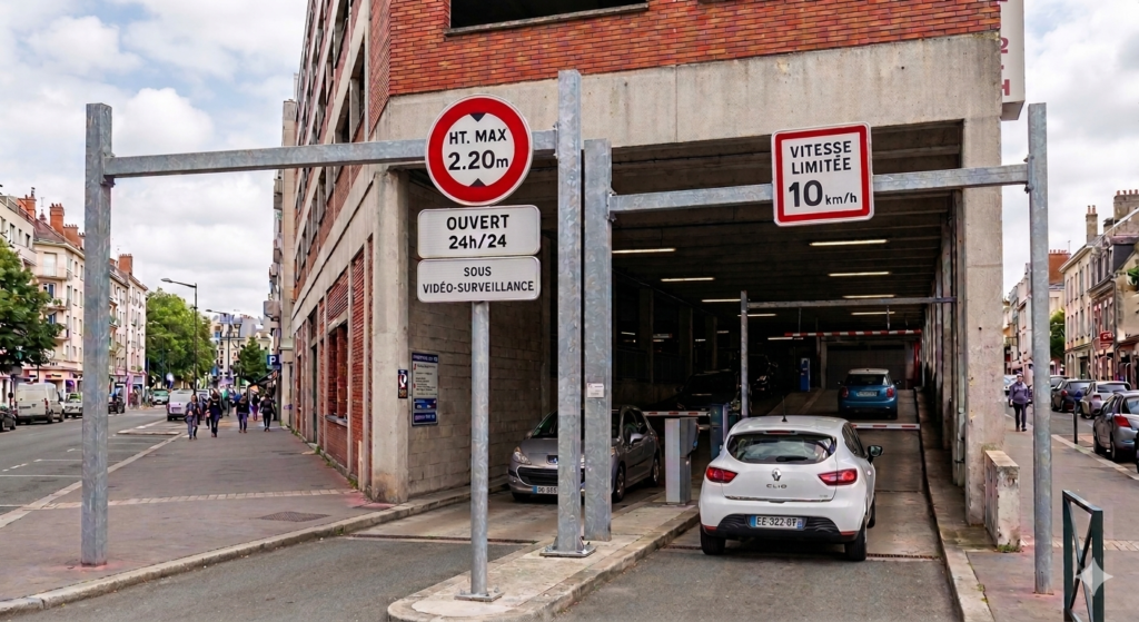 Entrée d'un parking avec des signalisations verticales - Aisne Application