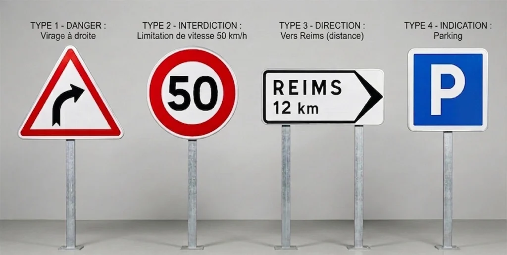 Types panneaux signalisation routière danger prescription direction France