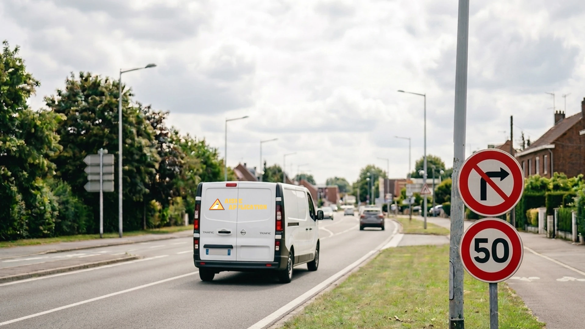 Route avec panneau de signalisation routière dont limitation de vitesse et interdiction de tourner à droite - Aisne Application